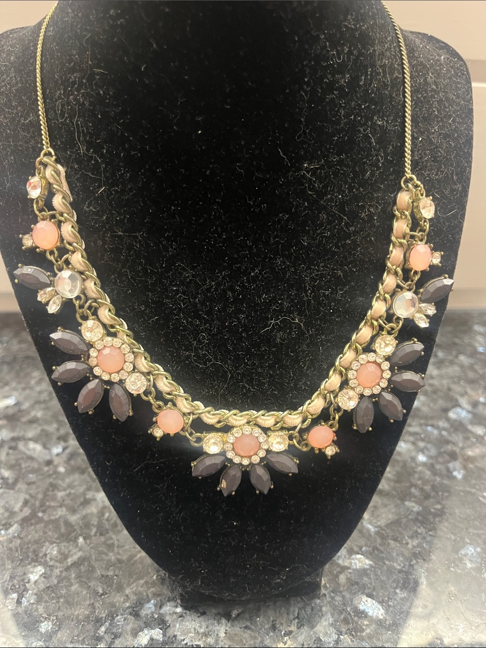 Gold Chain Necklace with Pink and dark gray Floral Stones